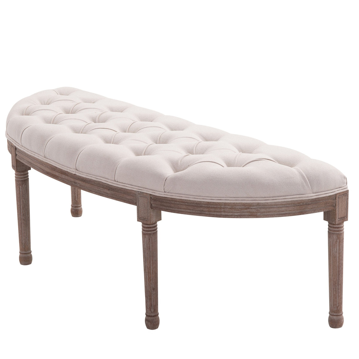 Upholstered Bench Lounge Stool, Vintage Retro Sofa Couch With Buttons, Linen + Wood, Beige, 140.5X51X48Cm