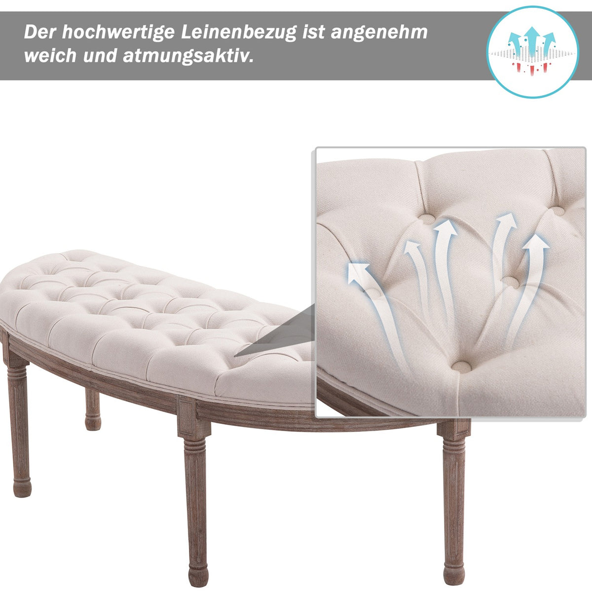 Upholstered Bench Lounge Stool, Vintage Retro Sofa Couch With Buttons, Linen + Wood, Beige, 140.5X51X48Cm