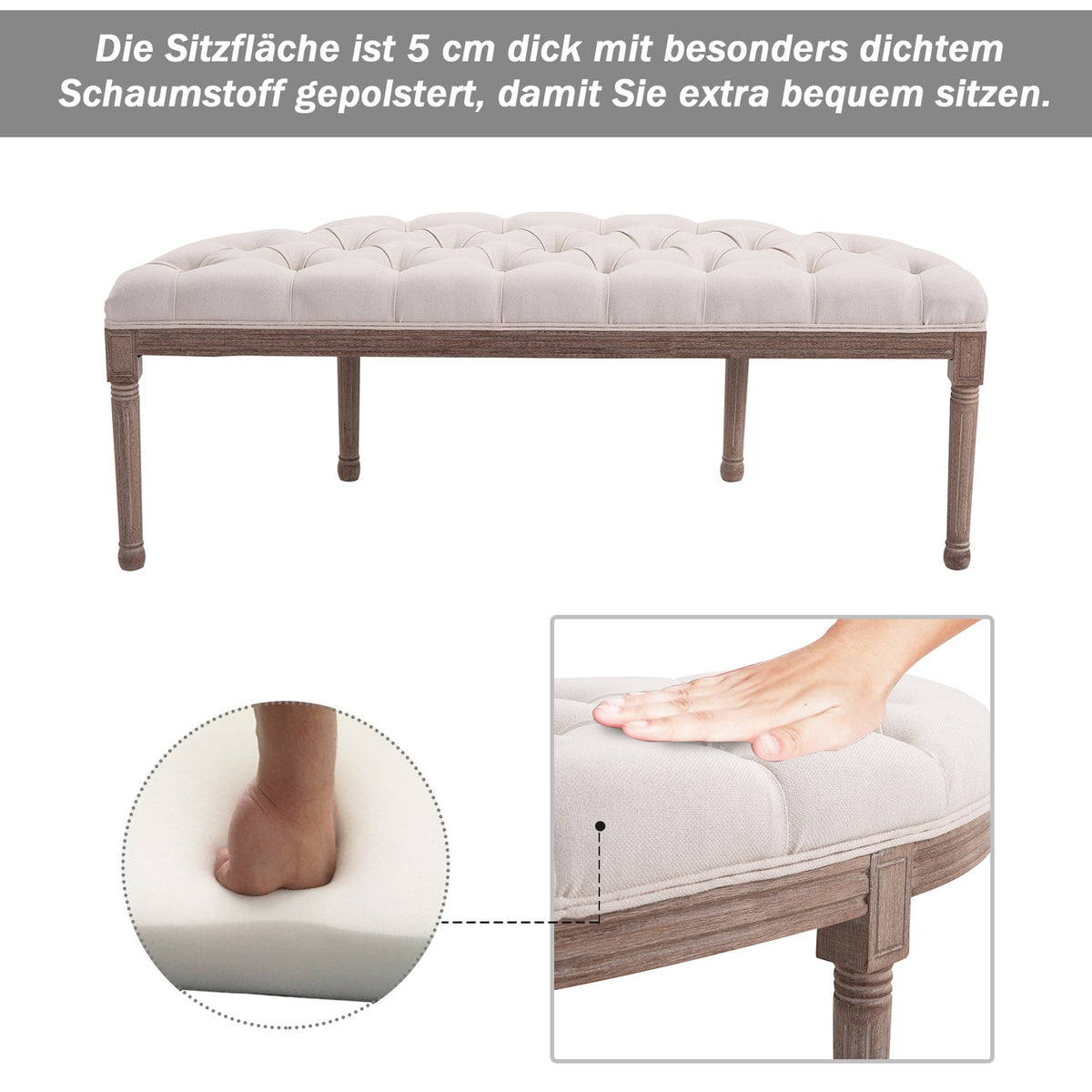 Upholstered Bench Lounge Stool, Vintage Retro Sofa Couch With Buttons, Linen + Wood, Beige, 140.5X51X48Cm