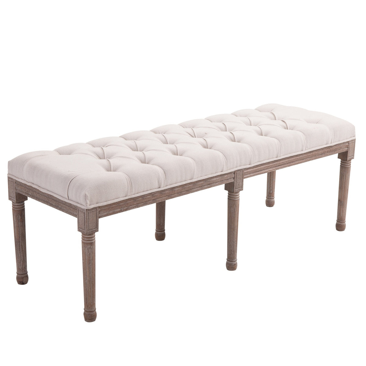 Upholstered Bench Lounge Stool, Vintage Retro With Buttons, Linen + Wood, Beige, 142X47X51Cm