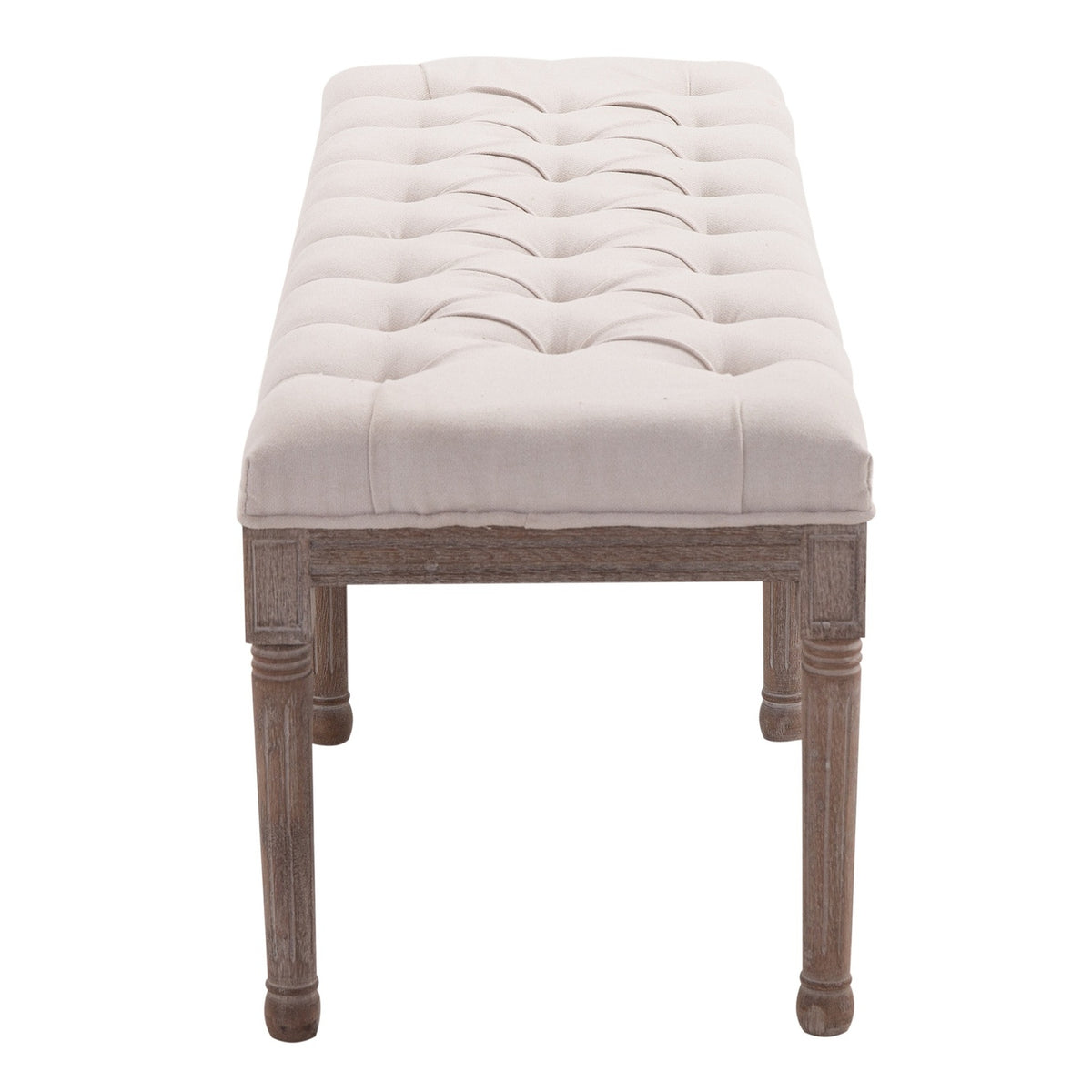 Upholstered Bench Lounge Stool, Vintage Retro With Buttons, Linen + Wood, Beige, 142X47X51Cm