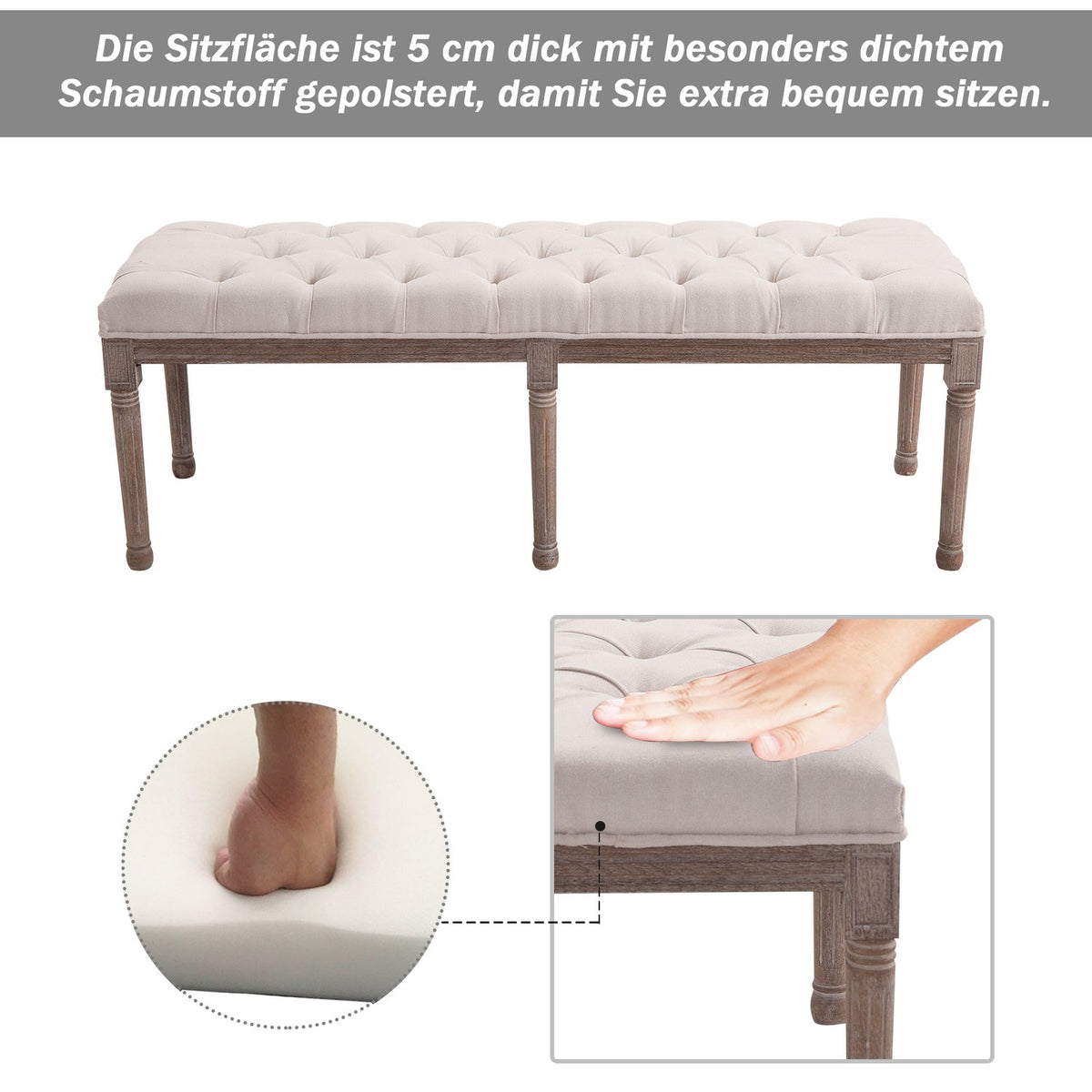 Upholstered Bench Lounge Stool, Vintage Retro With Buttons, Linen + Wood, Beige, 142X47X51Cm