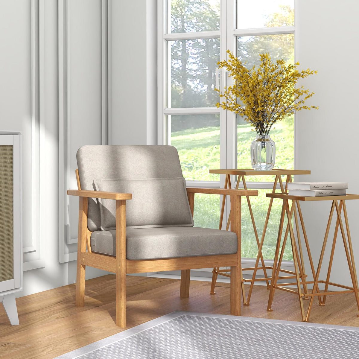 Upholstered Chair Comfortable Accent Chair With Armrests For Living Room, Bedroom, Wooden Legs, Gray, 70X72X76Cm