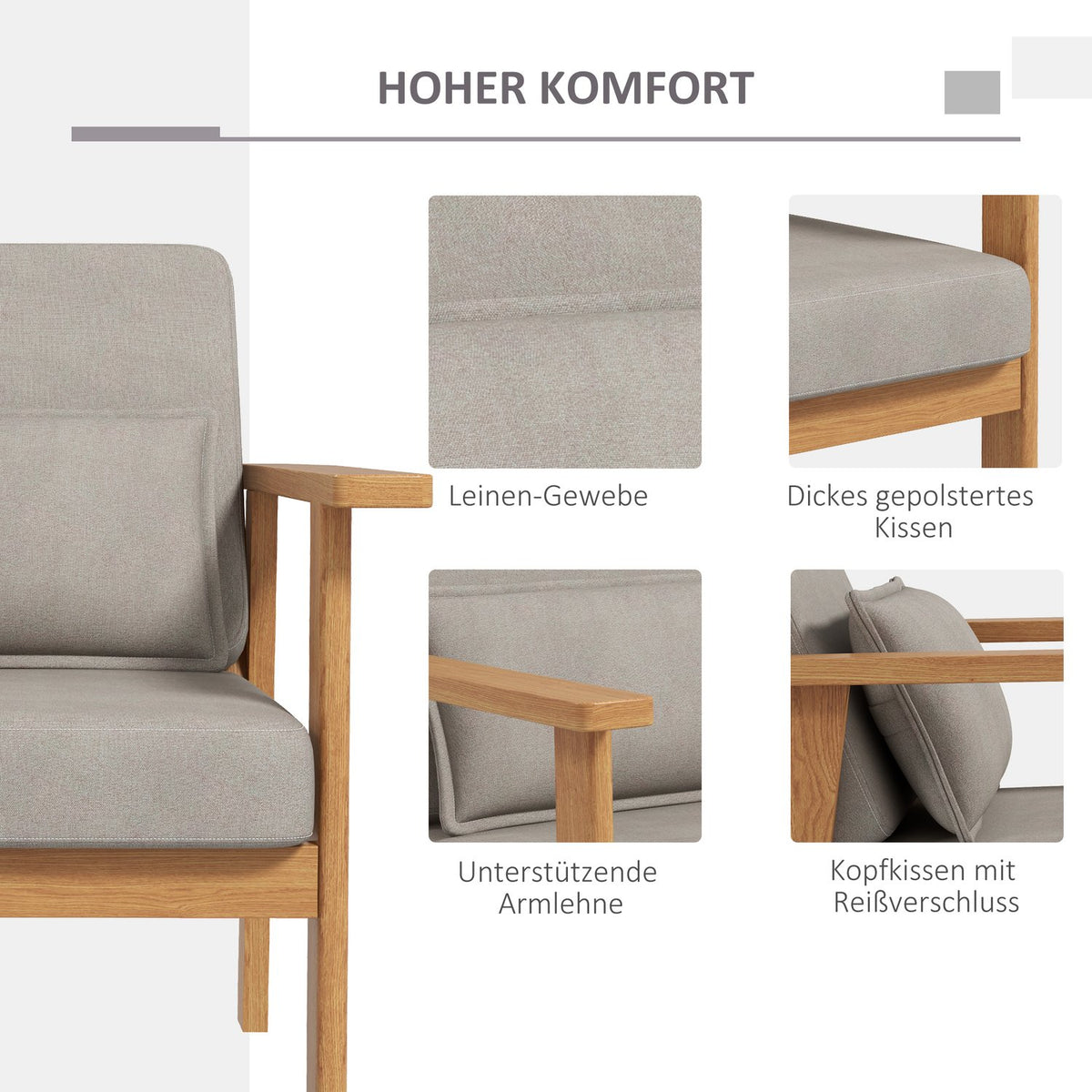 Upholstered Chair Comfortable Accent Chair With Armrests For Living Room, Bedroom, Wooden Legs, Gray, 70X72X76Cm