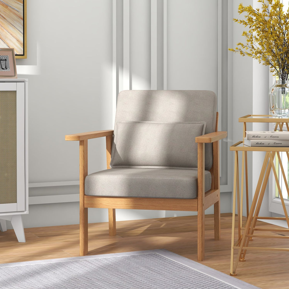 Upholstered Chair Comfortable Accent Chair With Armrests For Living Room, Bedroom, Wooden Legs, Gray, 70X72X76Cm