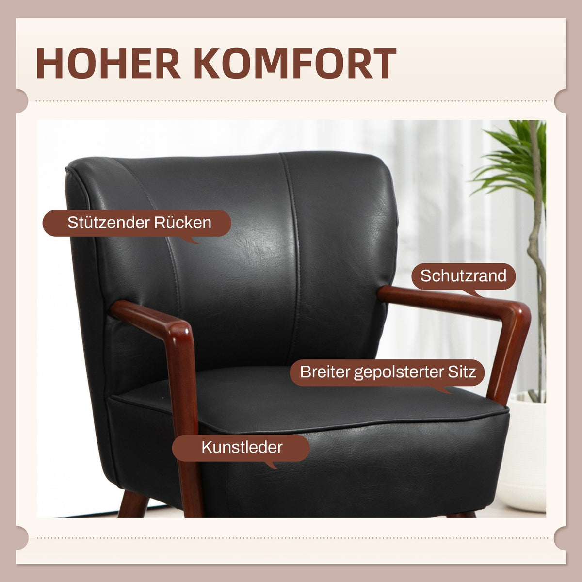 Upholstered Chair, Padded Accent Chair with Armrests, Wooden Legs, Lounge Chair, Armchair for Living Room, Bedroom, Faux Leather