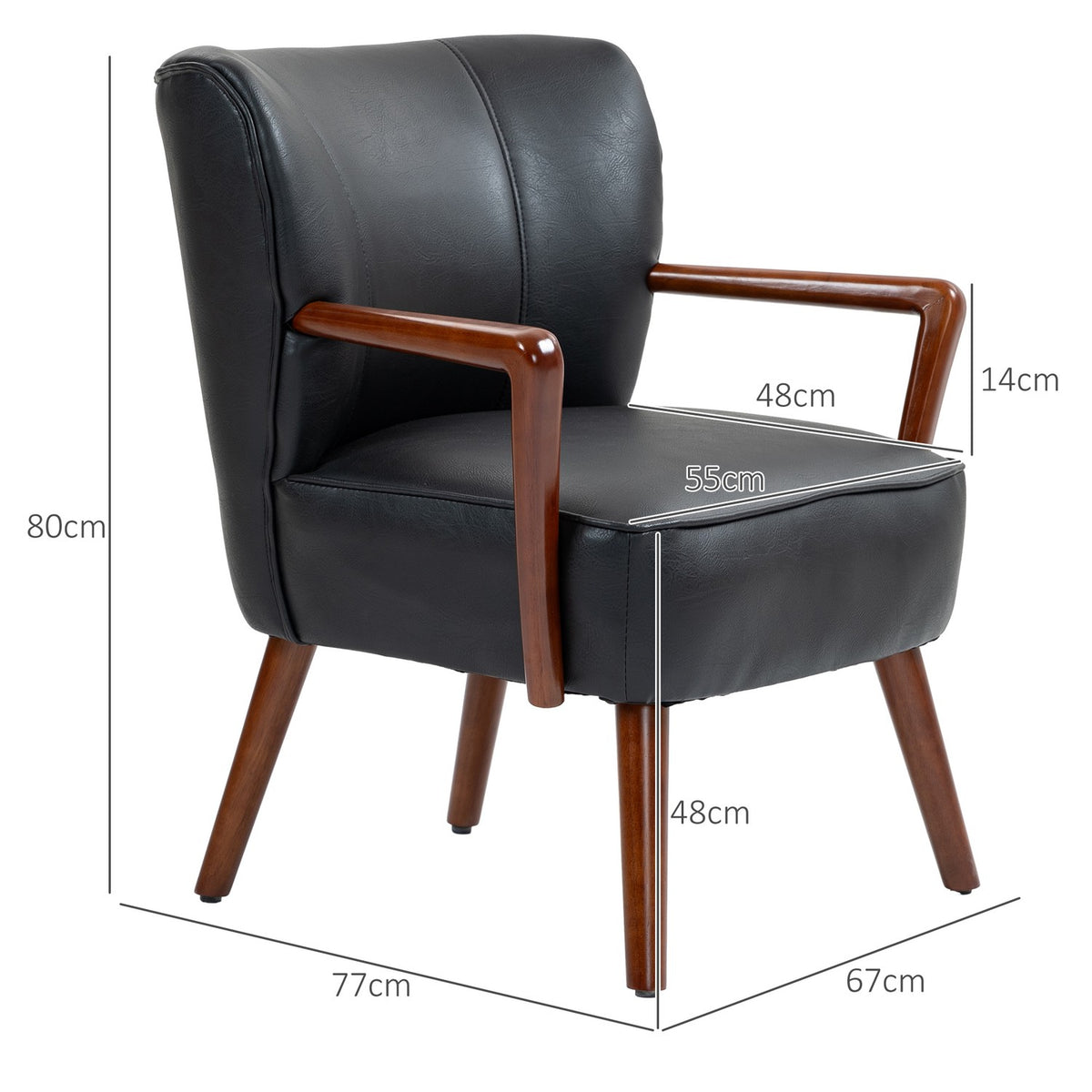 Upholstered Chair, Padded Accent Chair with Armrests, Wooden Legs, Lounge Chair, Armchair for Living Room, Bedroom, Faux Leather