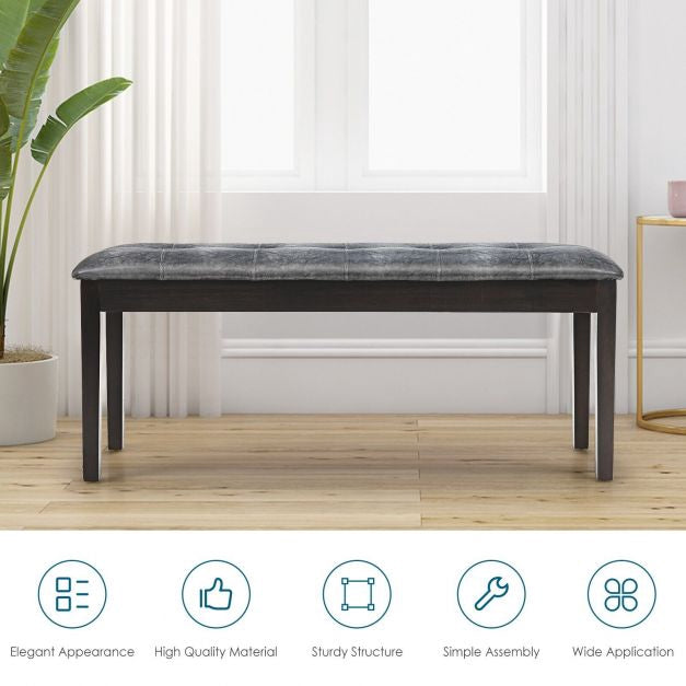 Upholstered Dining Bench, PU, Solid Wood, Tufted Gray