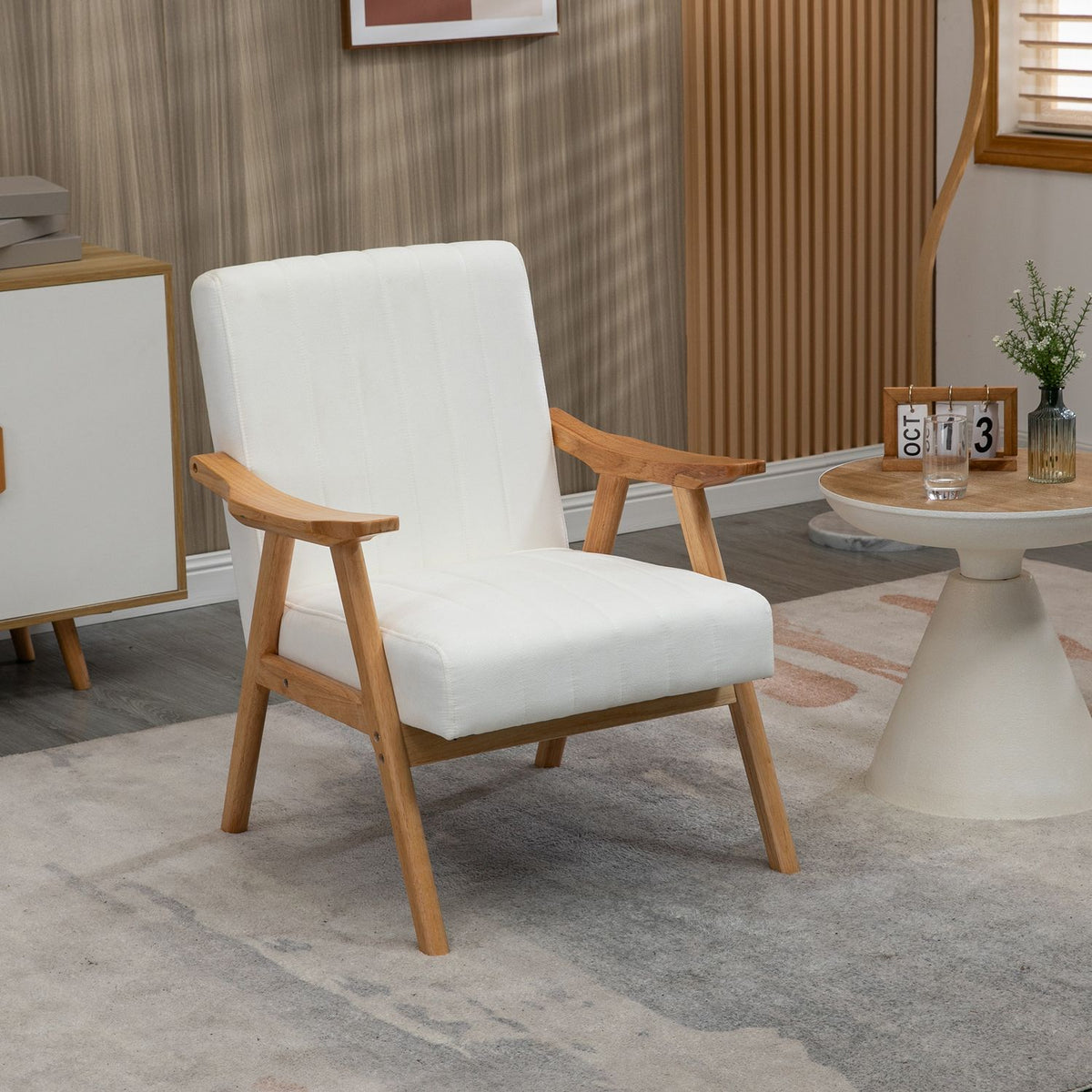 Upholstered Lounge Chair In Velvet Look With Armrests, Scandi Design, Cream, 68X74X82Cm