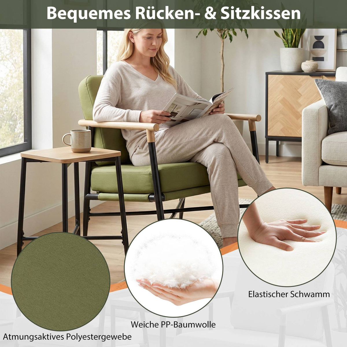 Upholstered Lounge Chair with Armrests & Removable Cushions