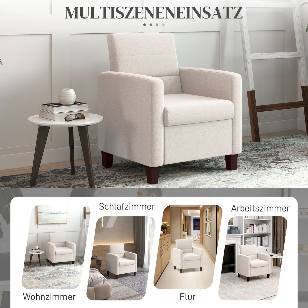 Upholstered armchair in linen look, foam, seat cushion, wooden frame, cream white