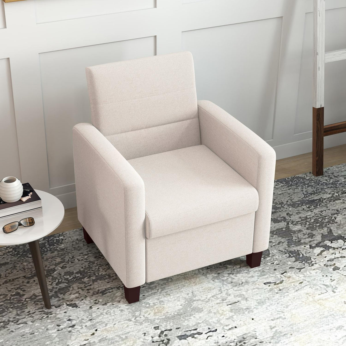 Upholstered armchair in linen look, foam, seat cushion, wooden frame, cream white