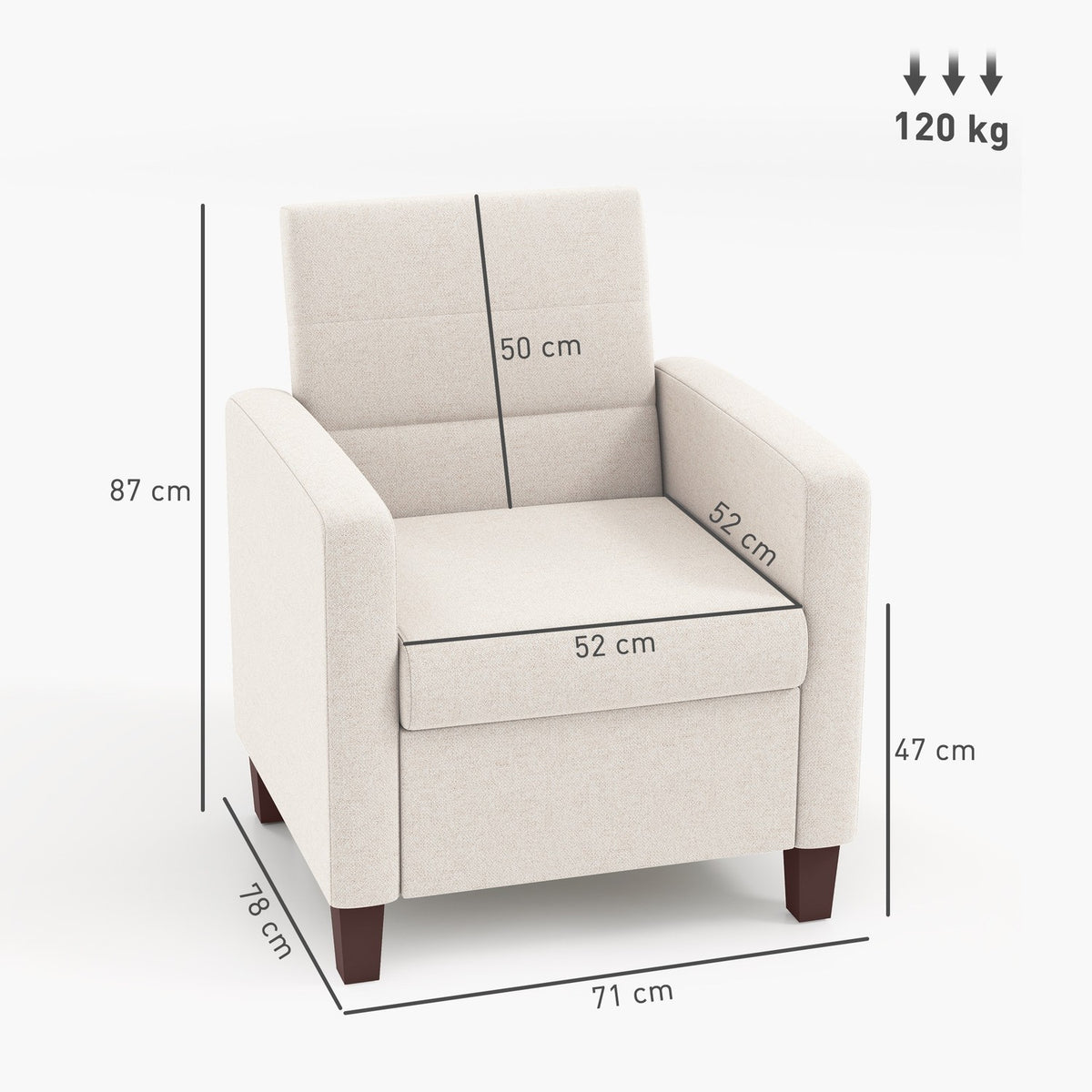 Upholstered armchair in linen look, foam, seat cushion, wooden frame, cream white