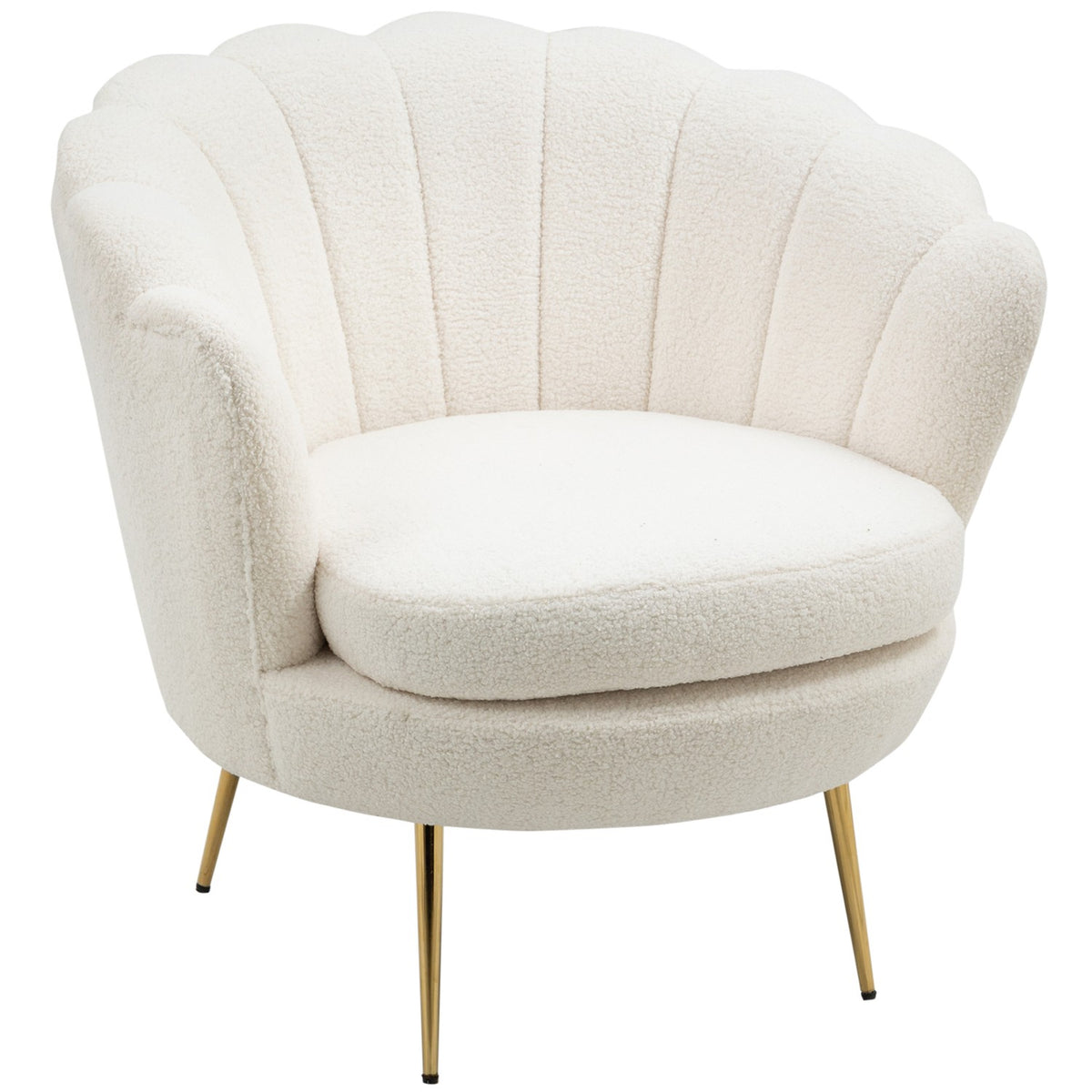 Upholstered armchair in shell shape, armchair, relaxation armchair with metal legs, dressing chair with fleece look, for bedroom, living room, white