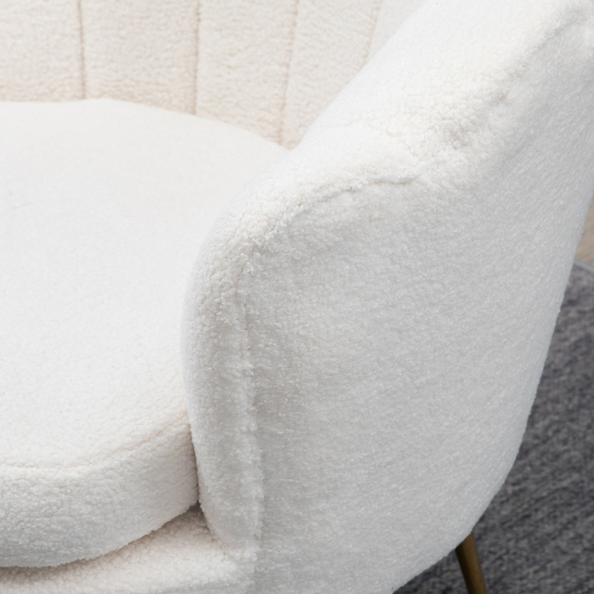 Upholstered armchair in shell shape, armchair, relaxation armchair with metal legs, dressing chair with fleece look, for bedroom, living room, white