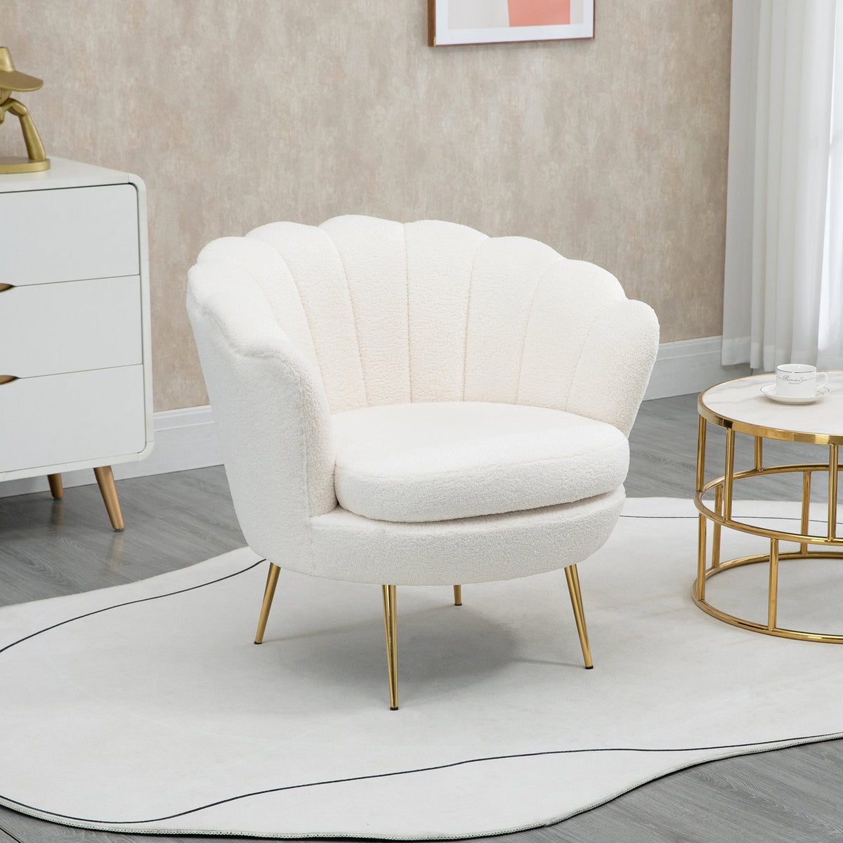 Upholstered armchair in shell shape, armchair, relaxation armchair with metal legs, dressing chair with fleece look, for bedroom, living room, white