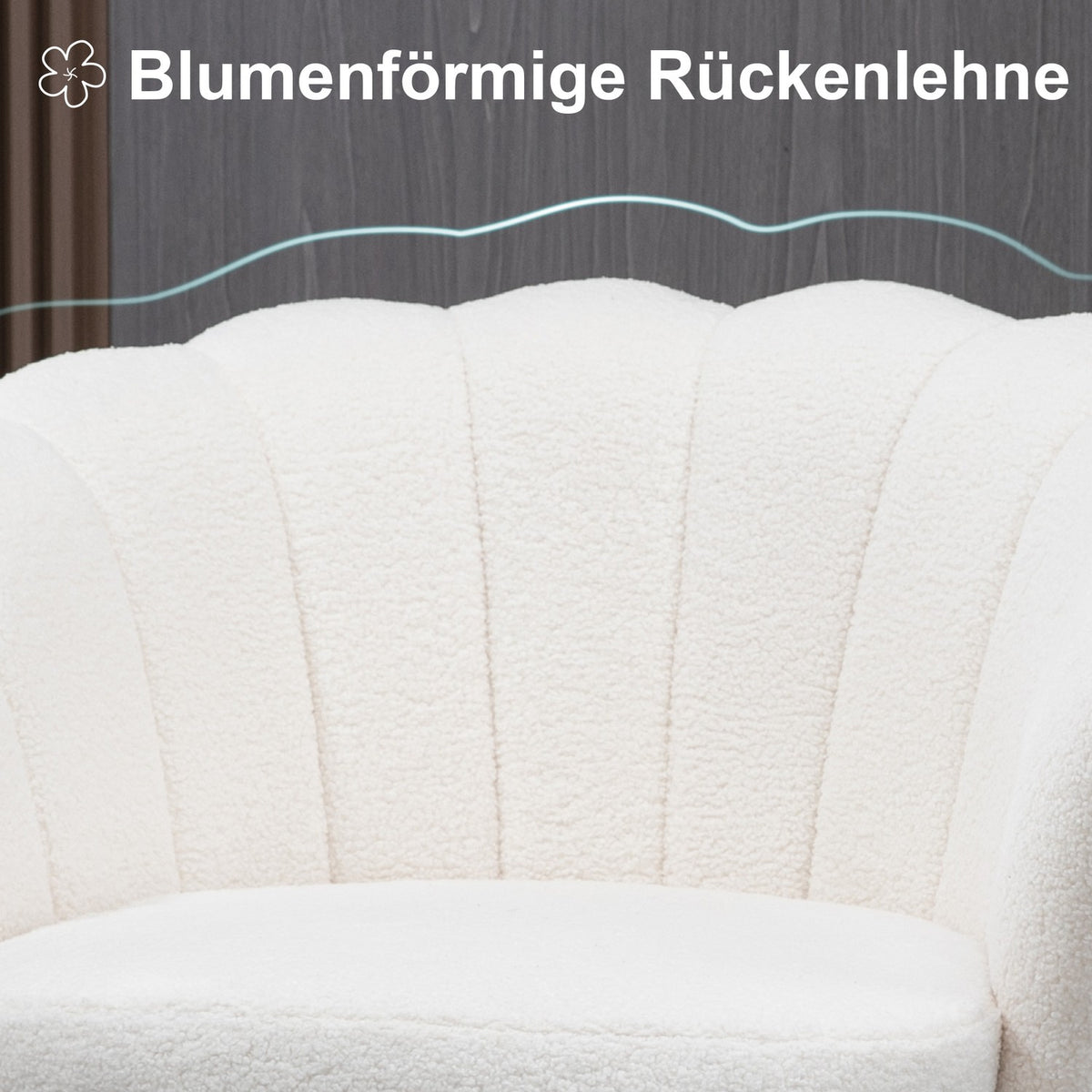 Upholstered armchair in shell shape, armchair, relaxation armchair with metal legs, dressing chair with fleece look, for bedroom, living room, white