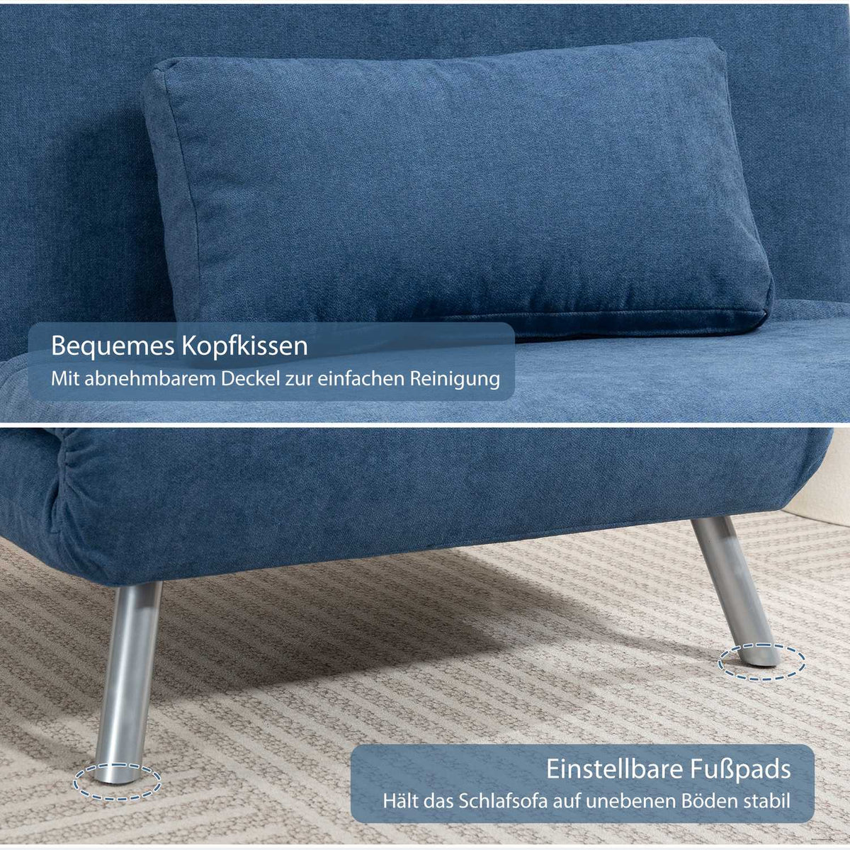 Upholstered armchair with bed function, 2-in-1 design, sleeper armchair, guest bed, fabric cover, with cushion, blue