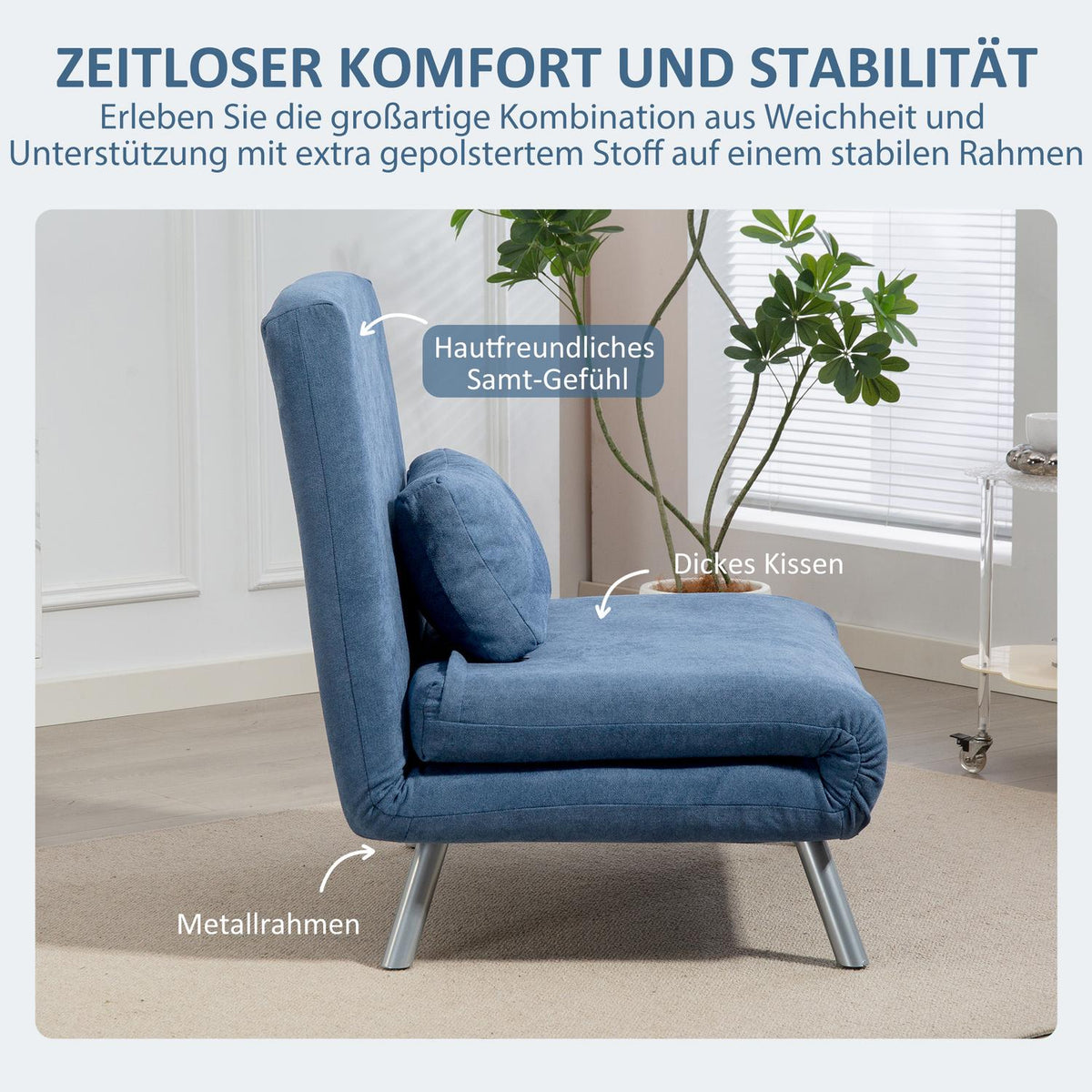 Upholstered armchair with bed function, 2-in-1 design, sleeper armchair, guest bed, fabric cover, with cushion, blue