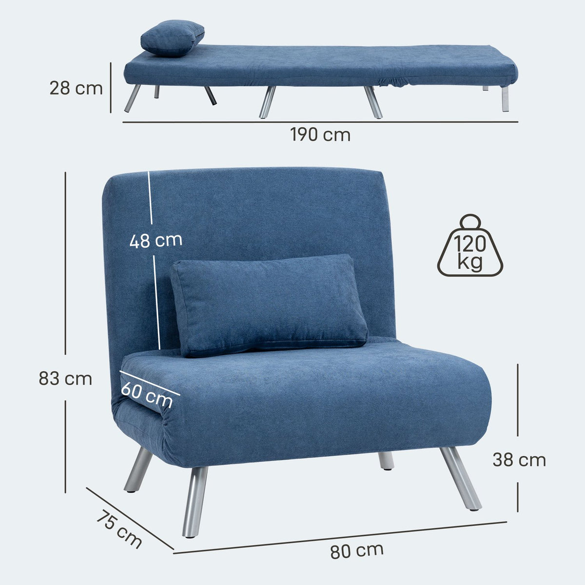 Upholstered armchair with bed function, 2-in-1 design, sleeper armchair, guest bed, fabric cover, with cushion, blue