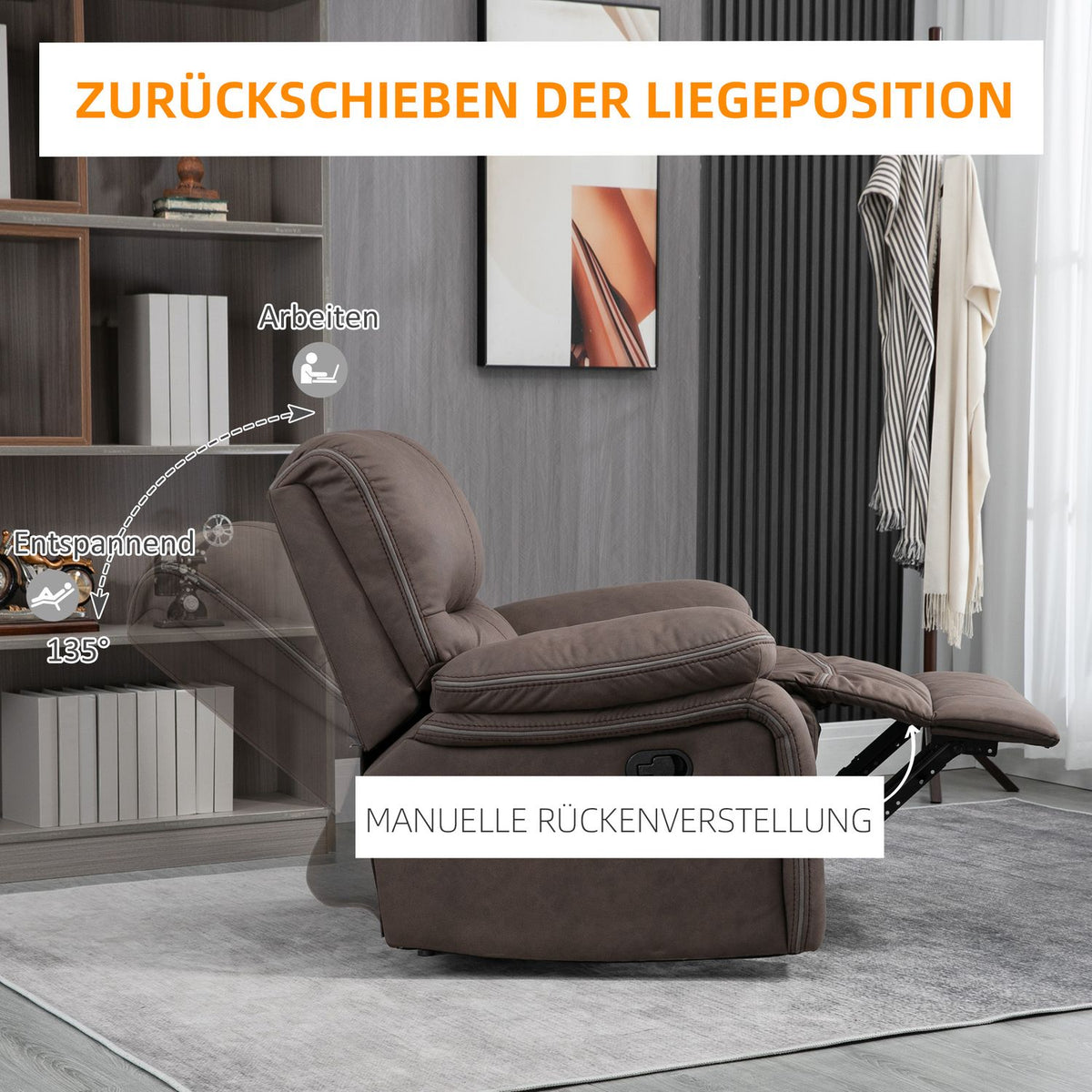 Upholstered armchair with footrest, reclining relaxation chair, microfiber cover in leather look, metal structure, brown