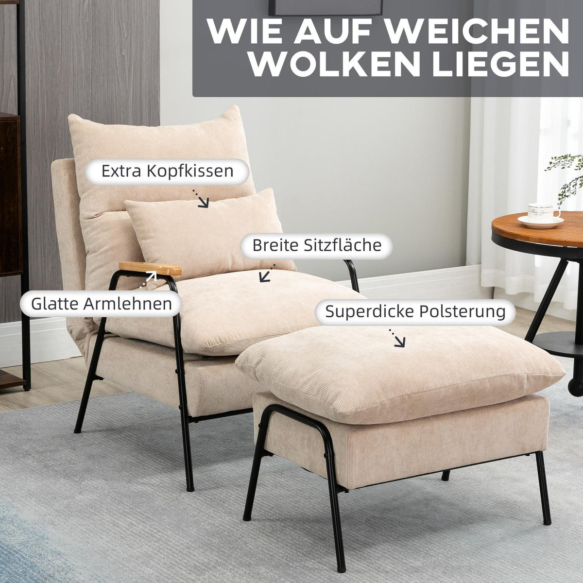 Upholstered armchair with footstool, reclining armchair with reclining function, upholstered chair, cushion, TV armchair, 68 x 91.5 x 88 cm, beige