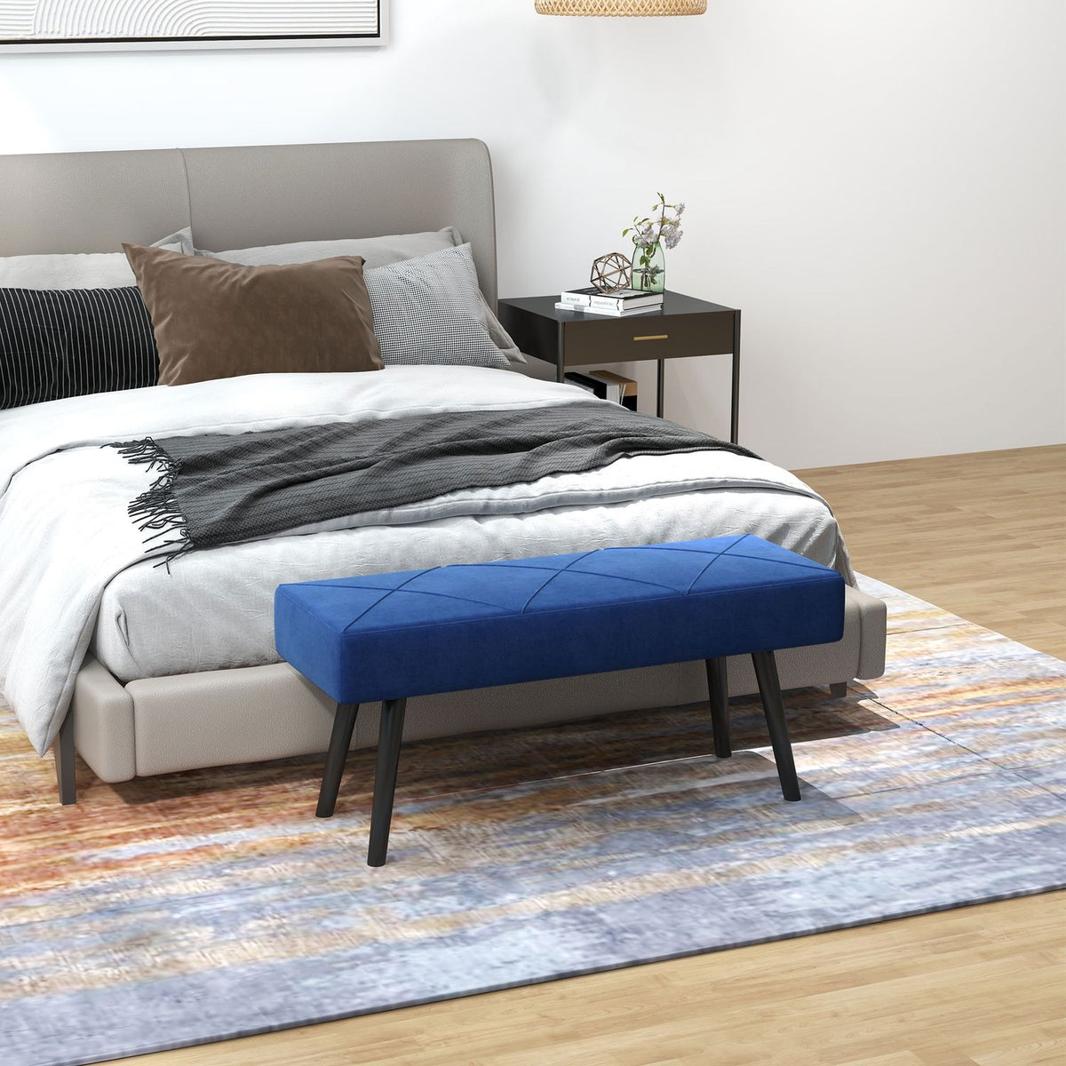 Upholstered bench, bed bench, hallway bench with X-pattern, in velvet look, can hold up to 120 kg, for bedroom, 100 x 36 x 45 cm, blue |