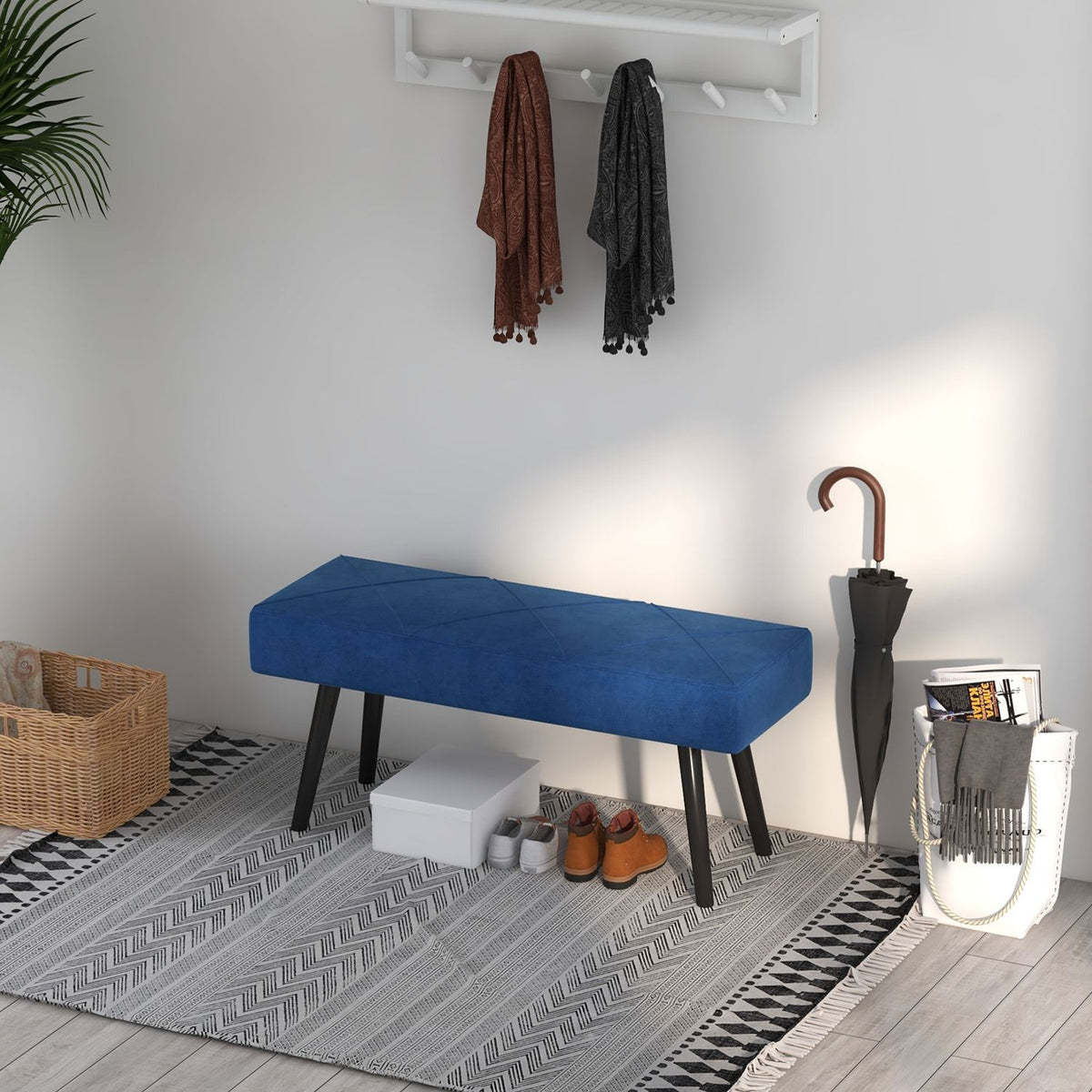 Upholstered bench, bed bench, hallway bench with X-pattern, in velvet look, can hold up to 120 kg, for bedroom, 100 x 36 x 45 cm, blue |