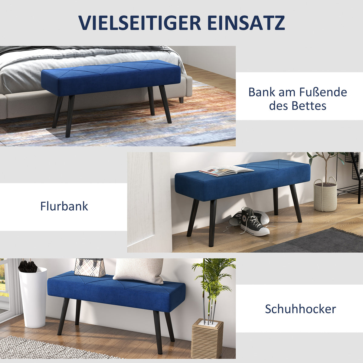 Upholstered bench, bed bench, hallway bench with X-pattern, in velvet look, can hold up to 120 kg, for bedroom, 100 x 36 x 45 cm, blue |