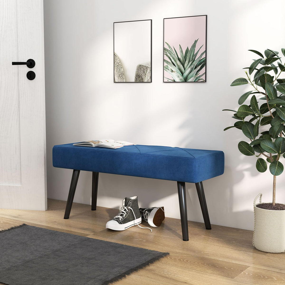 Upholstered bench, bed bench, hallway bench with X-pattern, in velvet look, can hold up to 120 kg, for bedroom, 100 x 36 x 45 cm, blue |