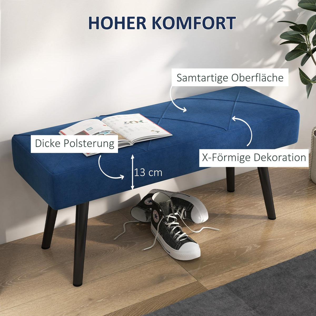 Upholstered bench, bed bench, hallway bench with X-pattern, in velvet look, can hold up to 120 kg, for bedroom, 100 x 36 x 45 cm, blue |
