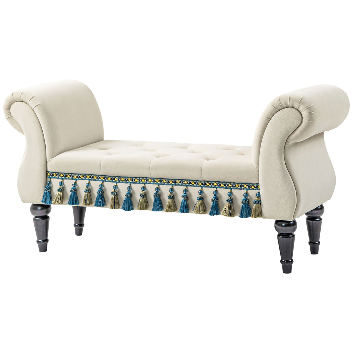 Upholstered bench bedroom, with storage space, armrest, wooden legs, vintage design, velvet look, load capacity 150 kg, 117 x 40 x 58 cm, beige