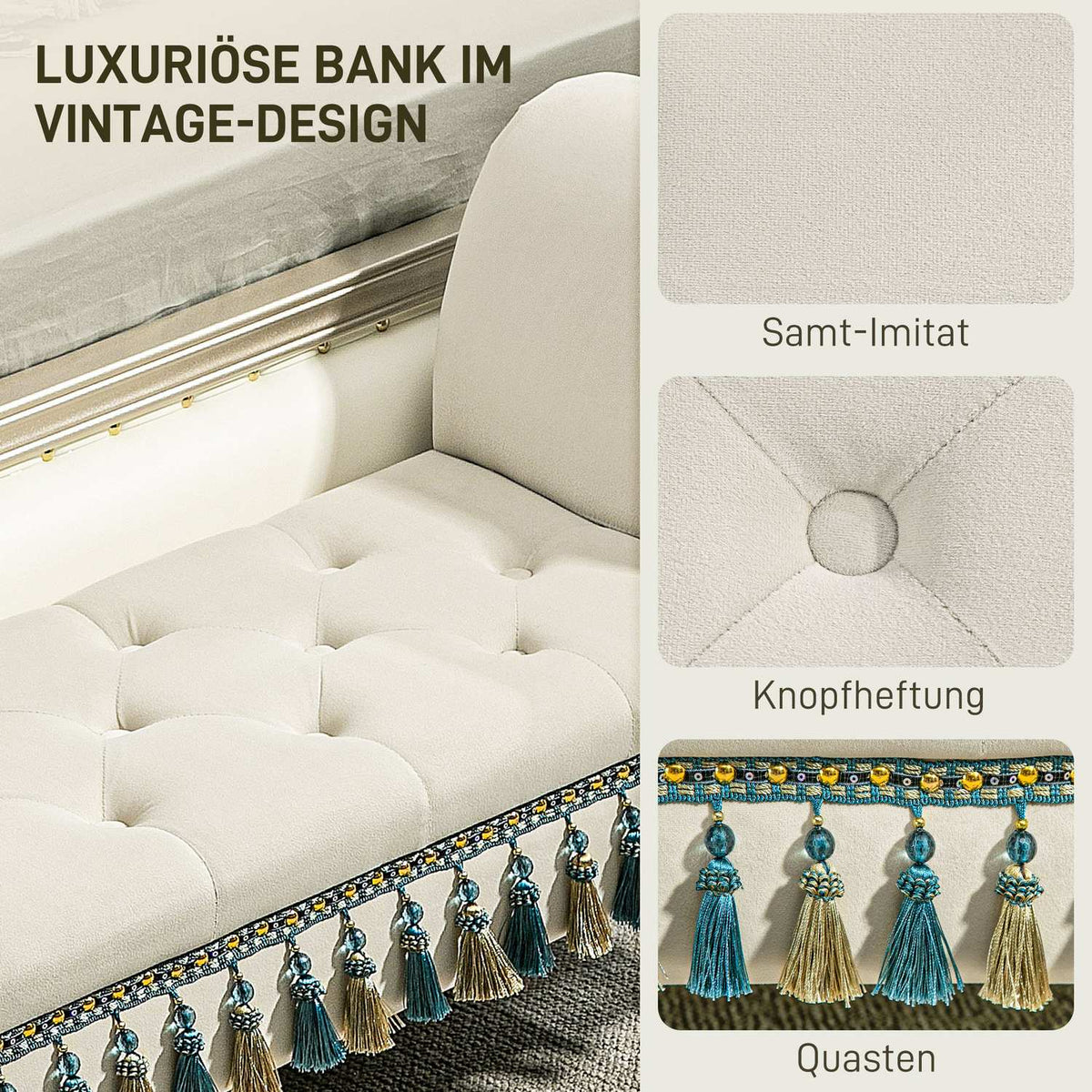 Upholstered bench bedroom, with storage space, armrest, wooden legs, vintage design, velvet look, load capacity 150 kg, 117 x 40 x 58 cm, beige