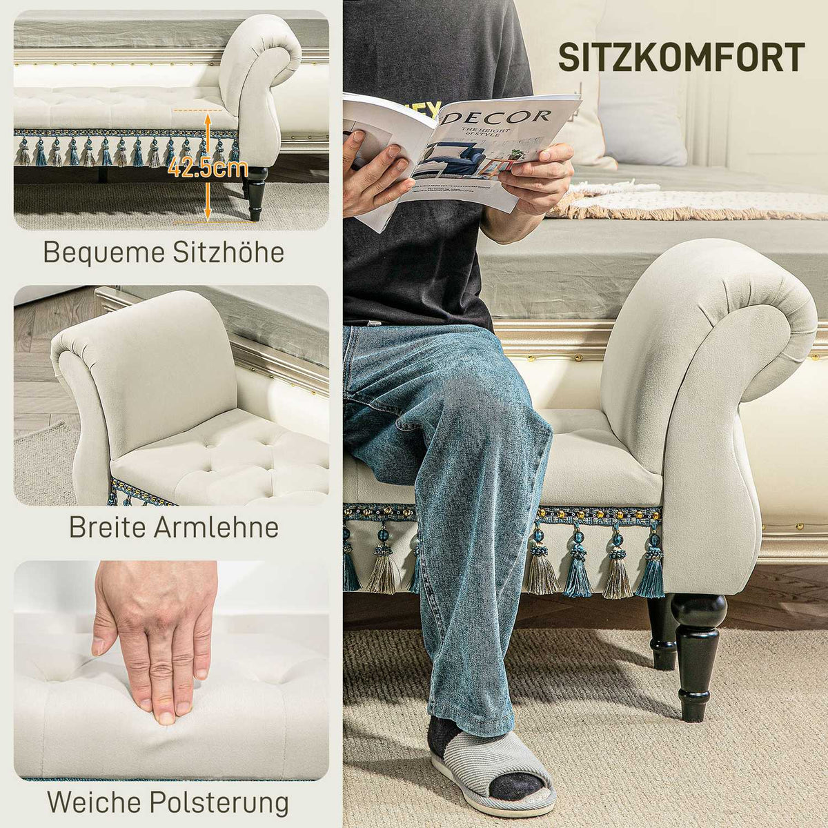 Upholstered bench bedroom, with storage space, armrest, wooden legs, vintage design, velvet look, load capacity 150 kg, 117 x 40 x 58 cm, beige