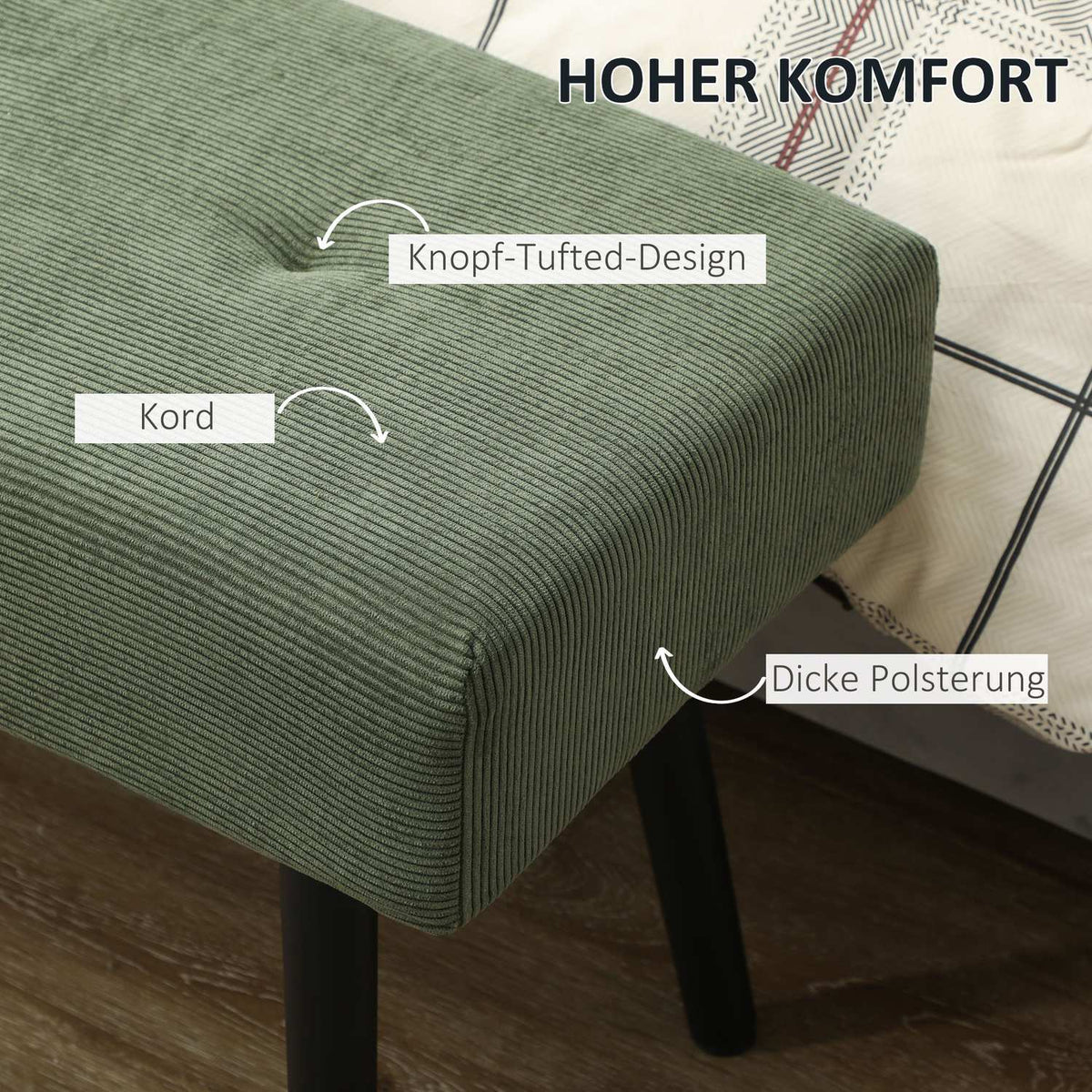 Upholstered bench with corduroy cover, bed bench with metal legs, shoe bench 100 x 36 x 45 cm Green
