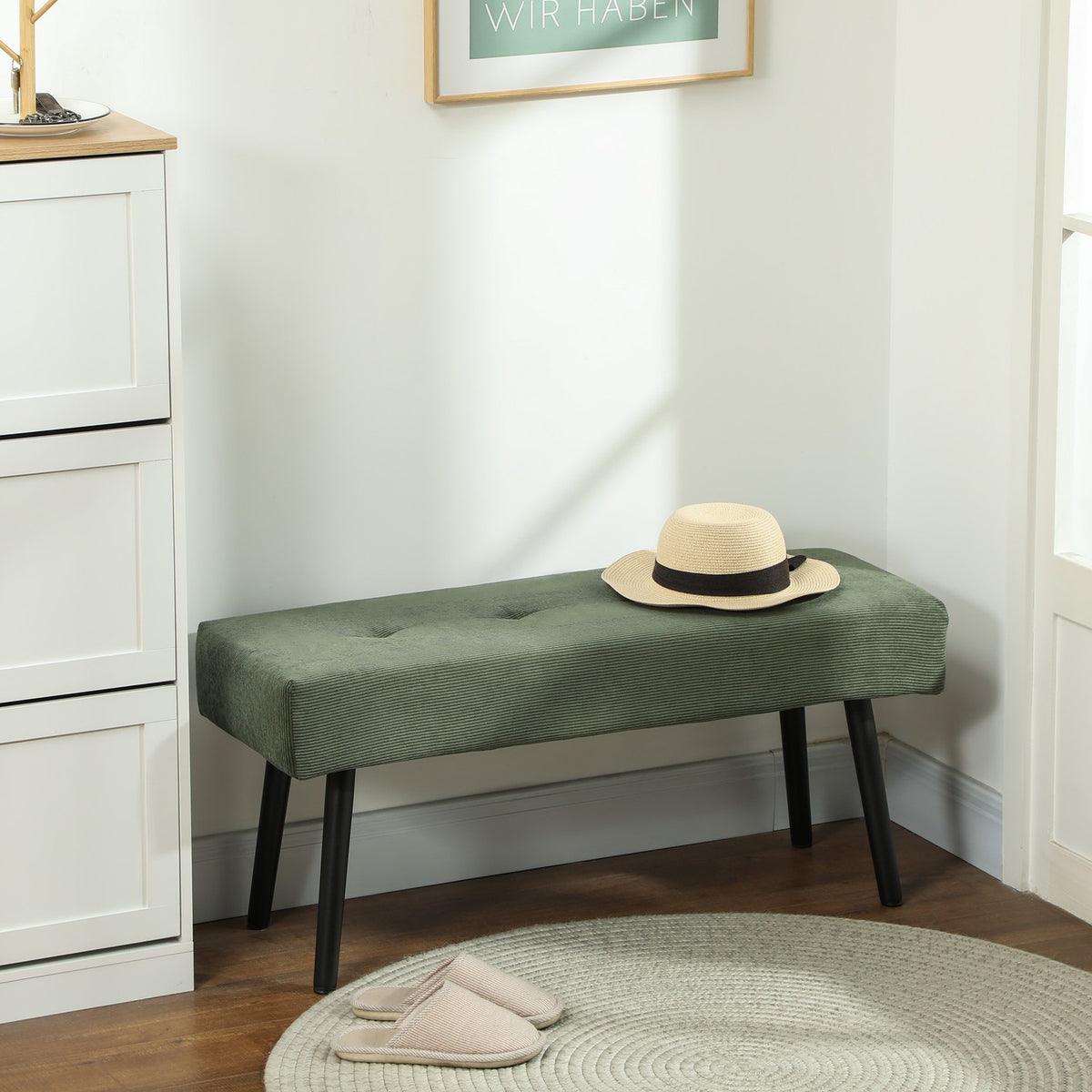 Upholstered bench with corduroy cover, bed bench with metal legs, shoe bench 100 x 36 x 45 cm Green