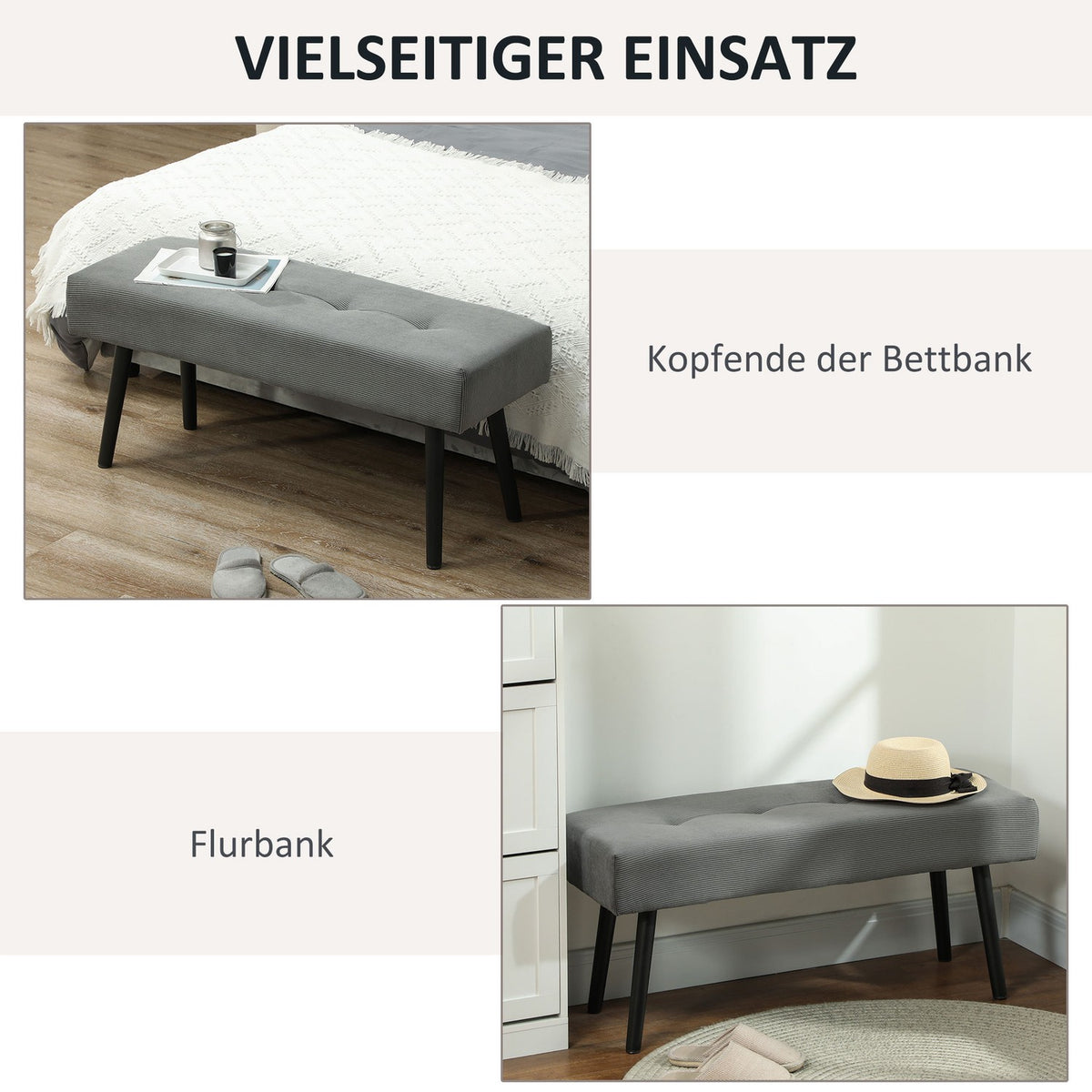 Upholstered bench with corduroy cover, bed bench with metal legs, shoe bench 100 x 36 x 45 cm grey