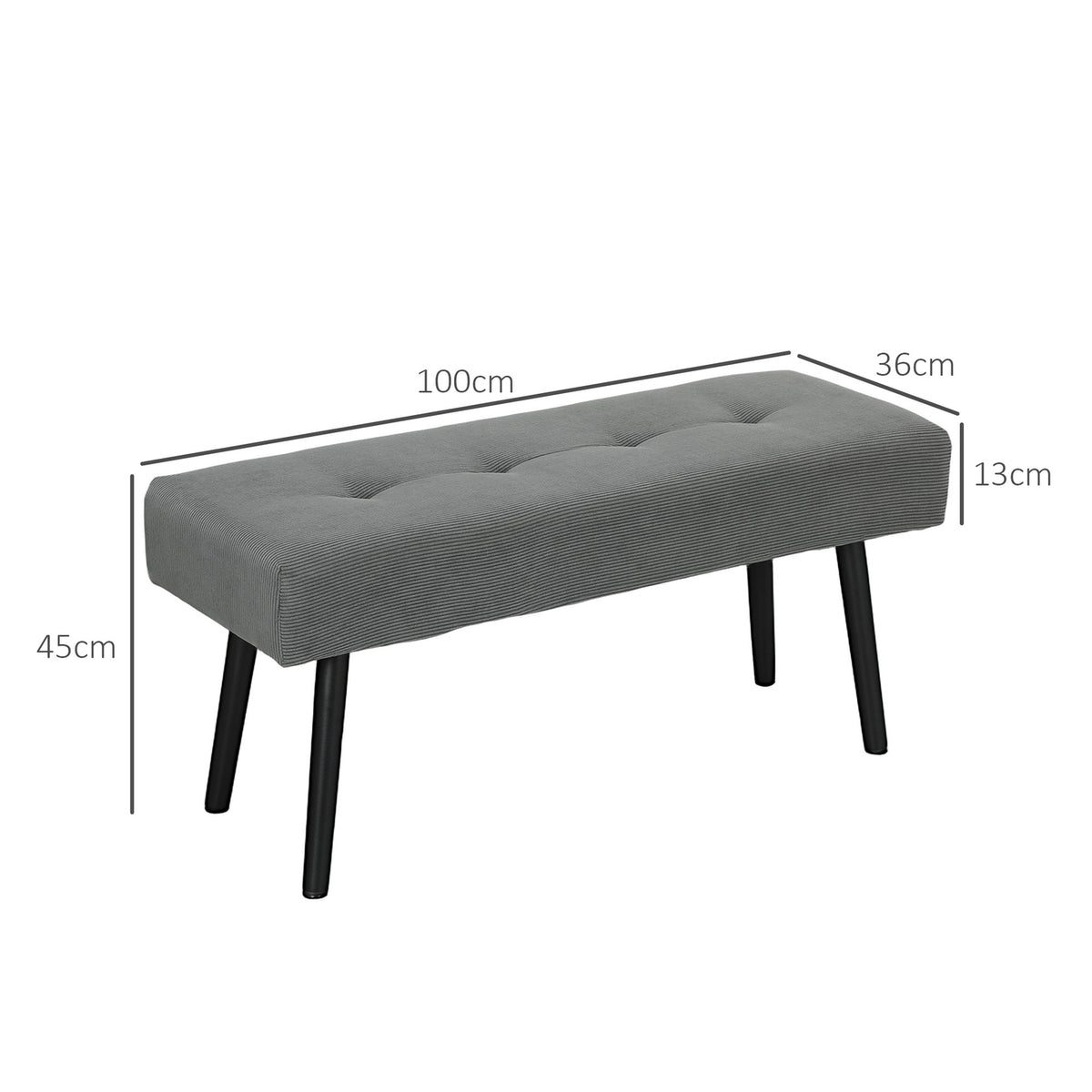 Upholstered bench with corduroy cover, bed bench with metal legs, shoe bench 100 x 36 x 45 cm grey