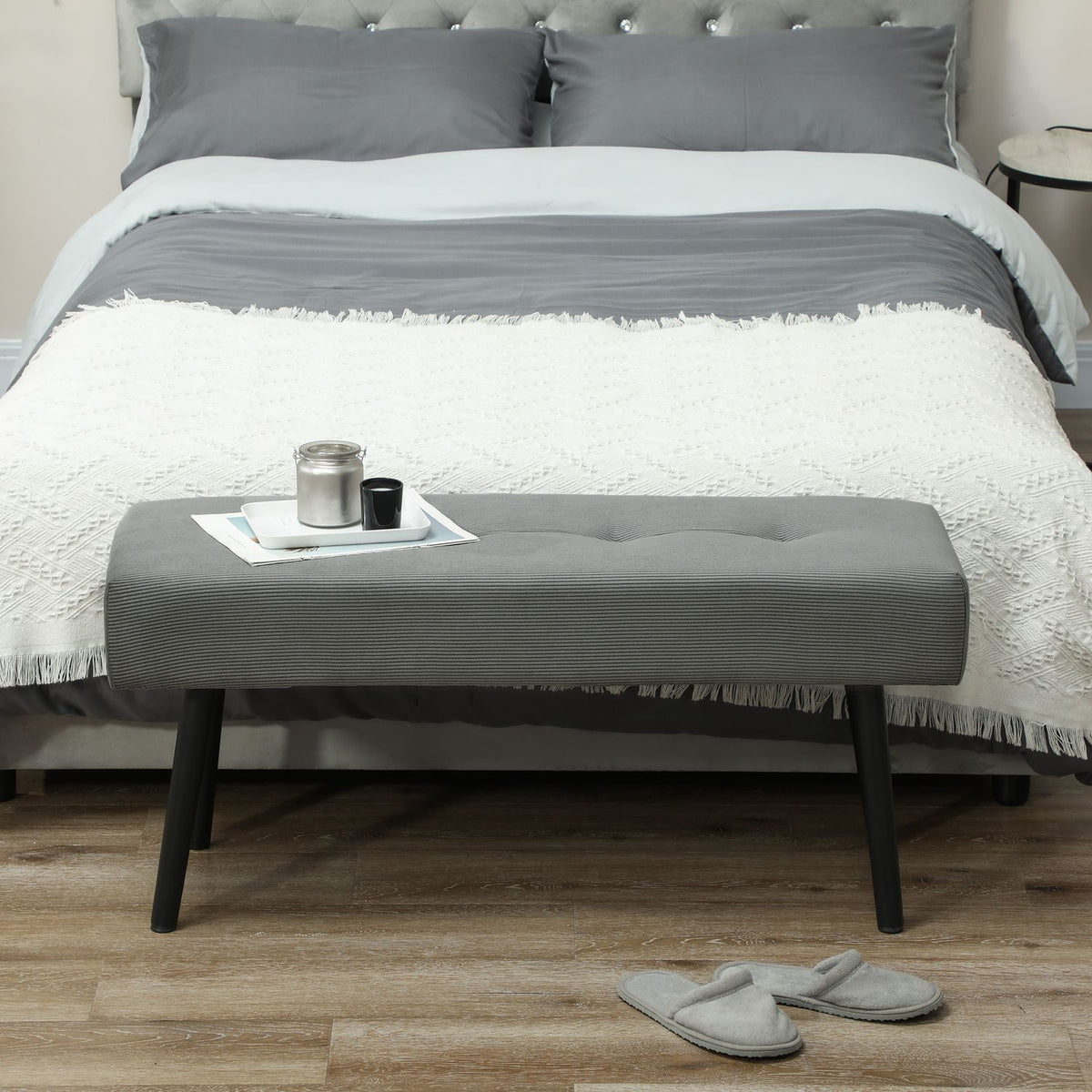 Upholstered bench with corduroy cover, bed bench with metal legs, shoe bench 100 x 36 x 45 cm grey