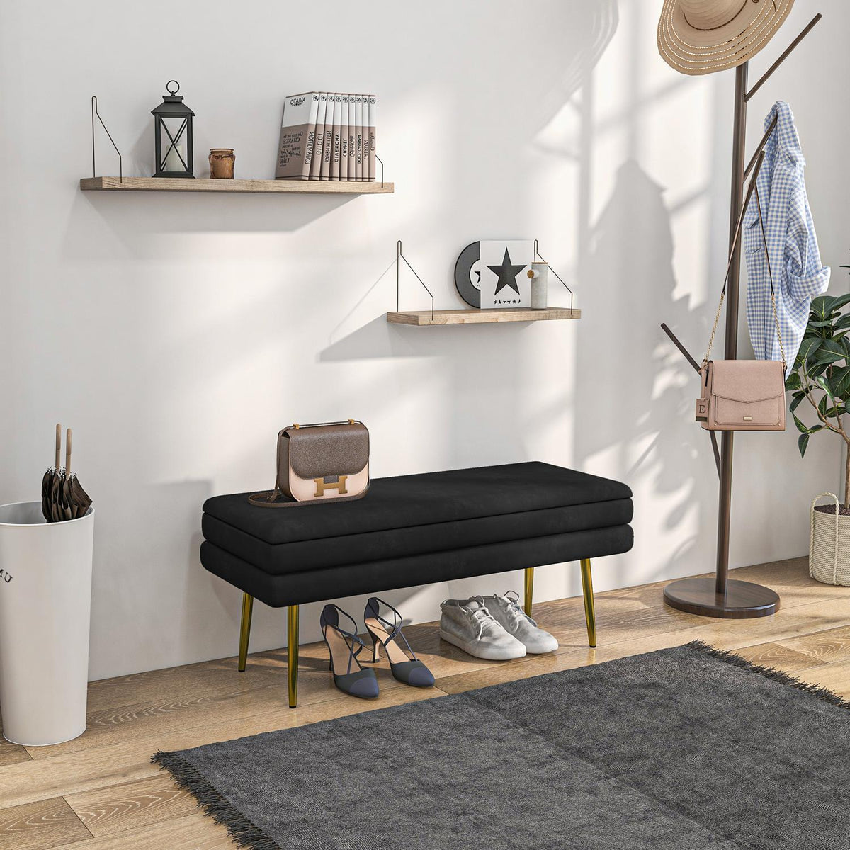 Upholstered bench with storage space, steel, 100 cm x 37.5 cm x 42 cm, black