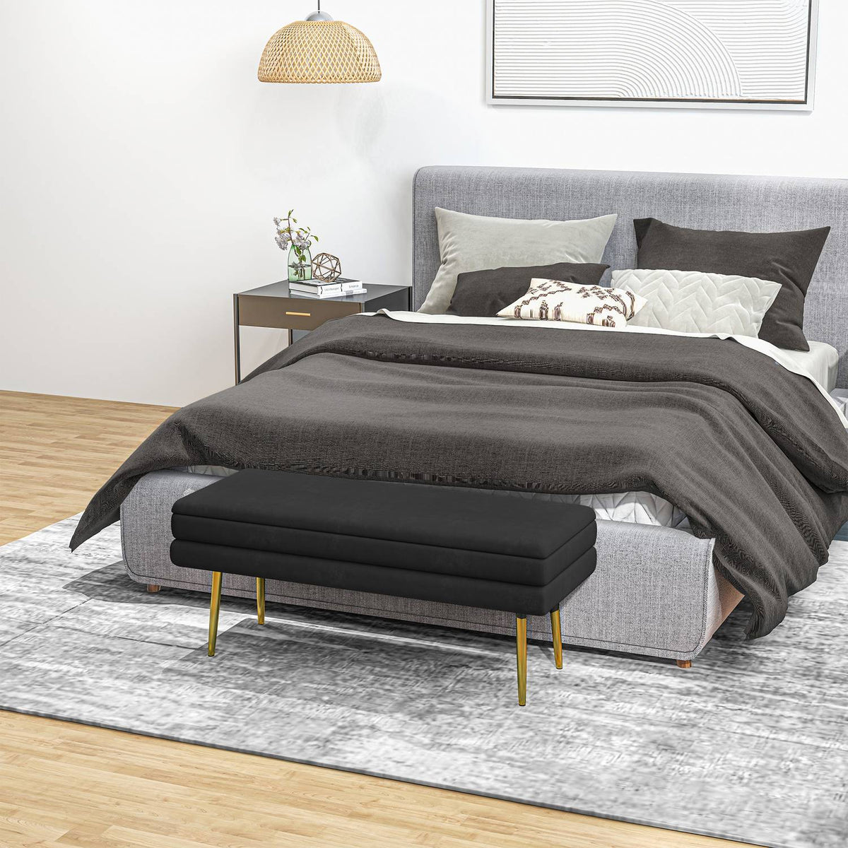 Upholstered bench with storage space, steel, 100 cm x 37.5 cm x 42 cm, black