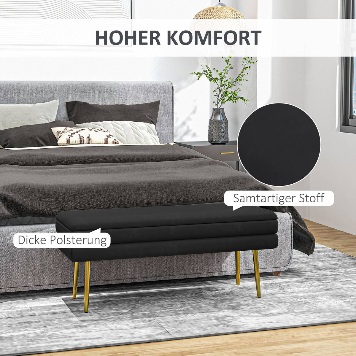 Upholstered bench with storage space, steel, 100 cm x 37.5 cm x 42 cm, black