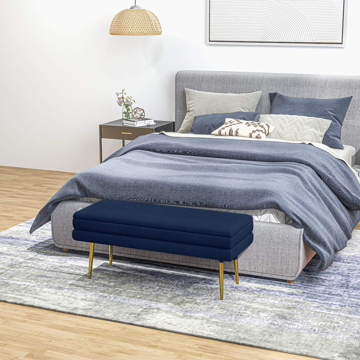 Upholstered bench with storage space, steel, 100 cm x 37.5 cm x 42 cm, blue