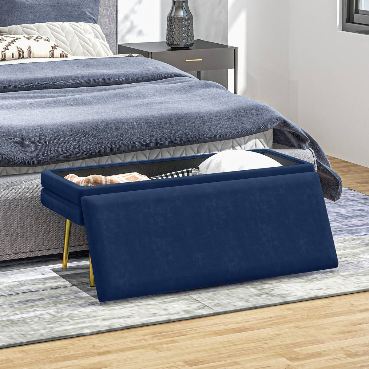 Upholstered bench with storage space, steel, 100 cm x 37.5 cm x 42 cm, blue