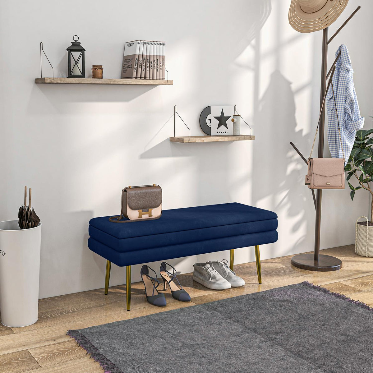 Upholstered bench with storage space, steel, 100 cm x 37.5 cm x 42 cm, blue