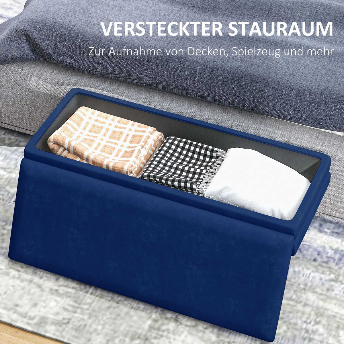 Upholstered bench with storage space, steel, 100 cm x 37.5 cm x 42 cm, blue