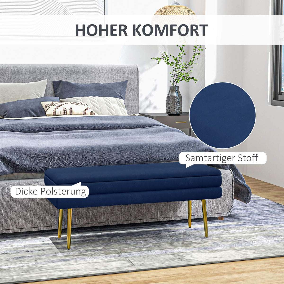 Upholstered bench with storage space, steel, 100 cm x 37.5 cm x 42 cm, blue