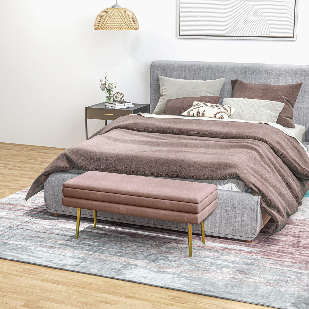 Upholstered bench with storage space, steel, 100 x 37.5 x 42 cm, pink