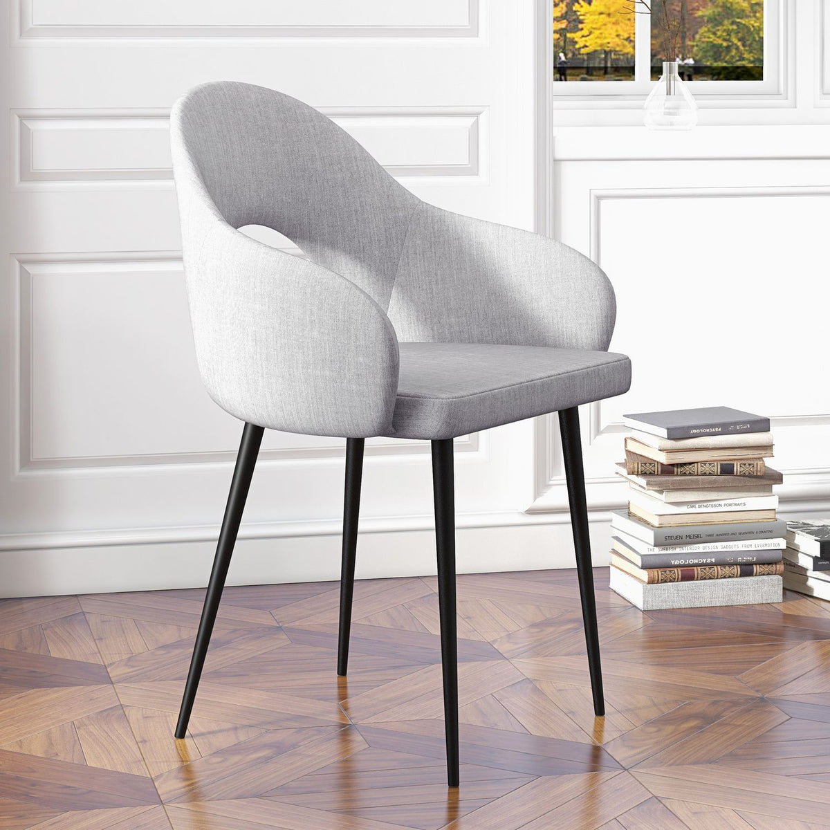 Upholstered relaxation chair with armrests, linen look, living room chair for bedroom, steel, gray, 56 x 58.5 x 84.5 cm