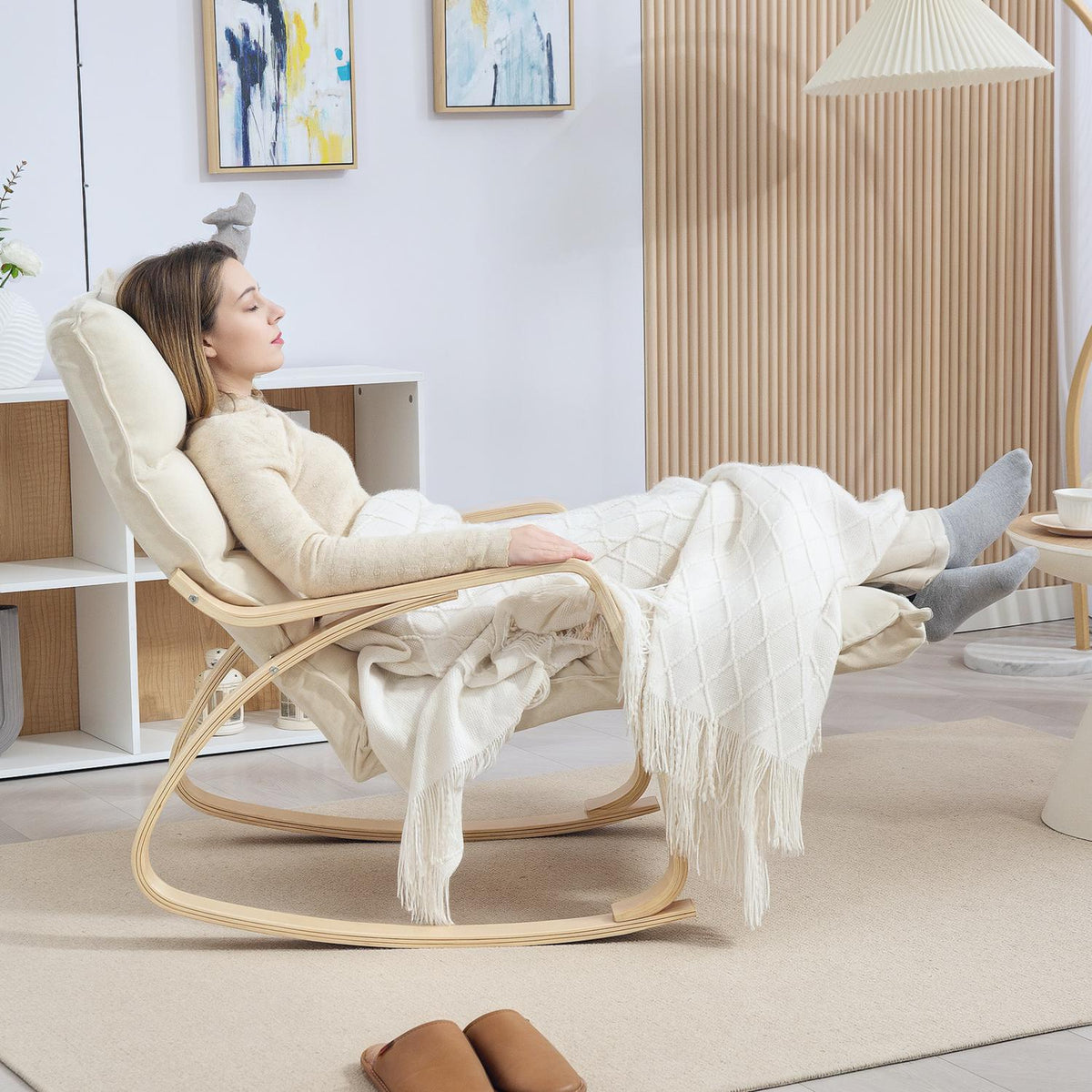 Upholstered rocking chair, relaxation armchair with armrests and steel frame, for living room, bedroom, cream white
